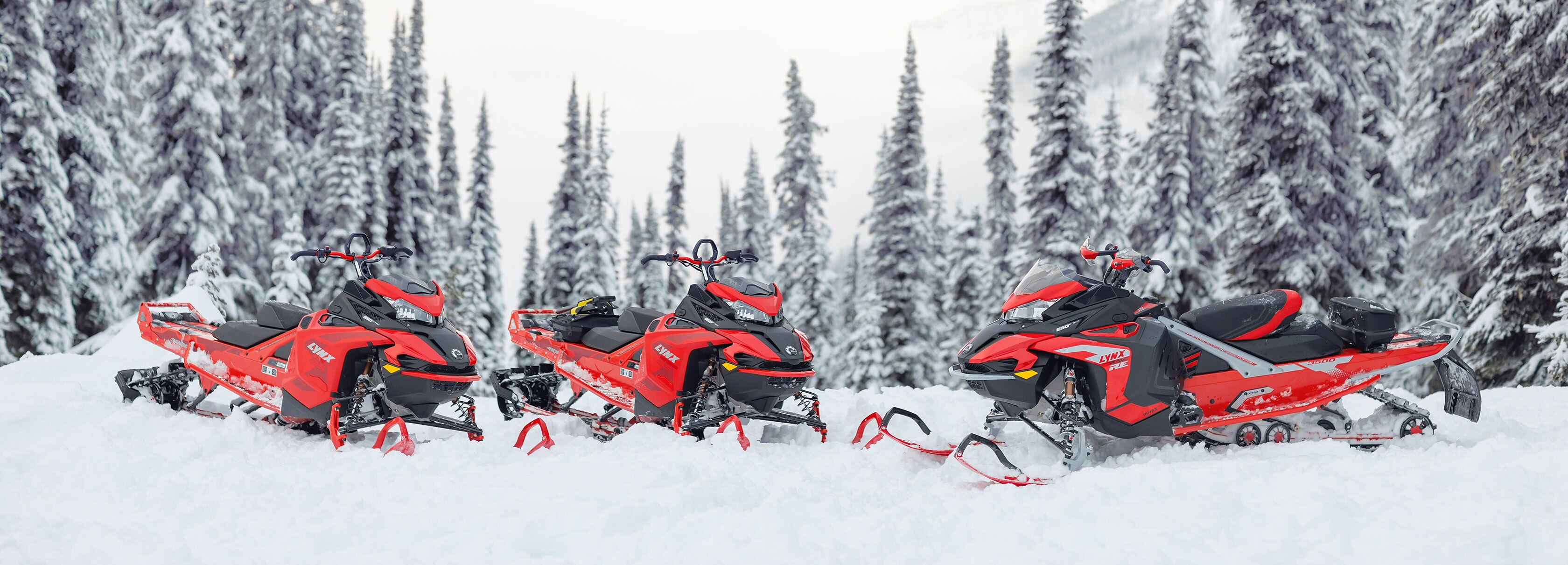 Kolme Lynx-moottorikelkkaa lumisessa metsässä