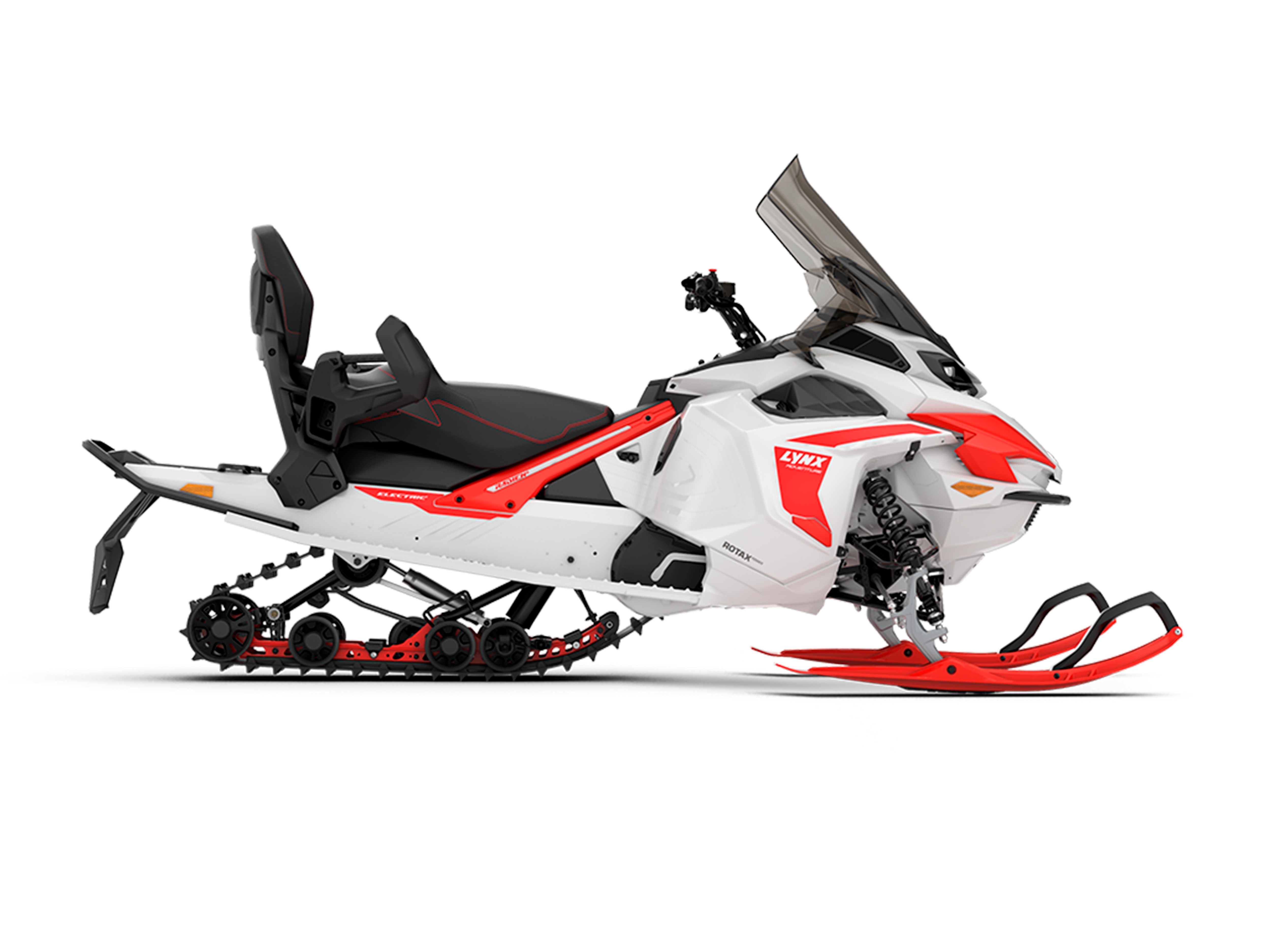 Lynx Adventure Electric snowmobile photographed from the side in a studio