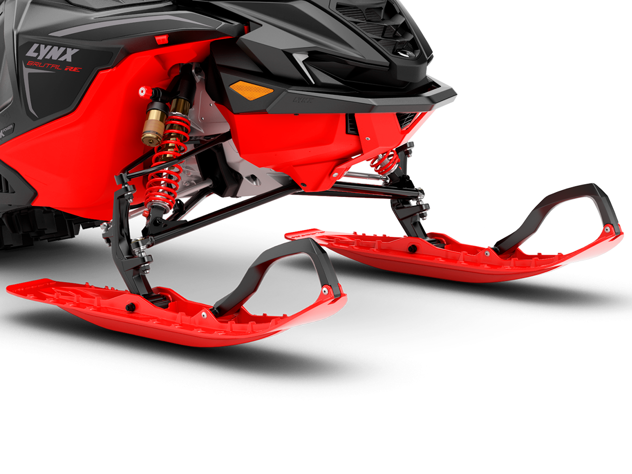 Closeup of LFS+ front suspension on Lynx Rave RE snowmobile