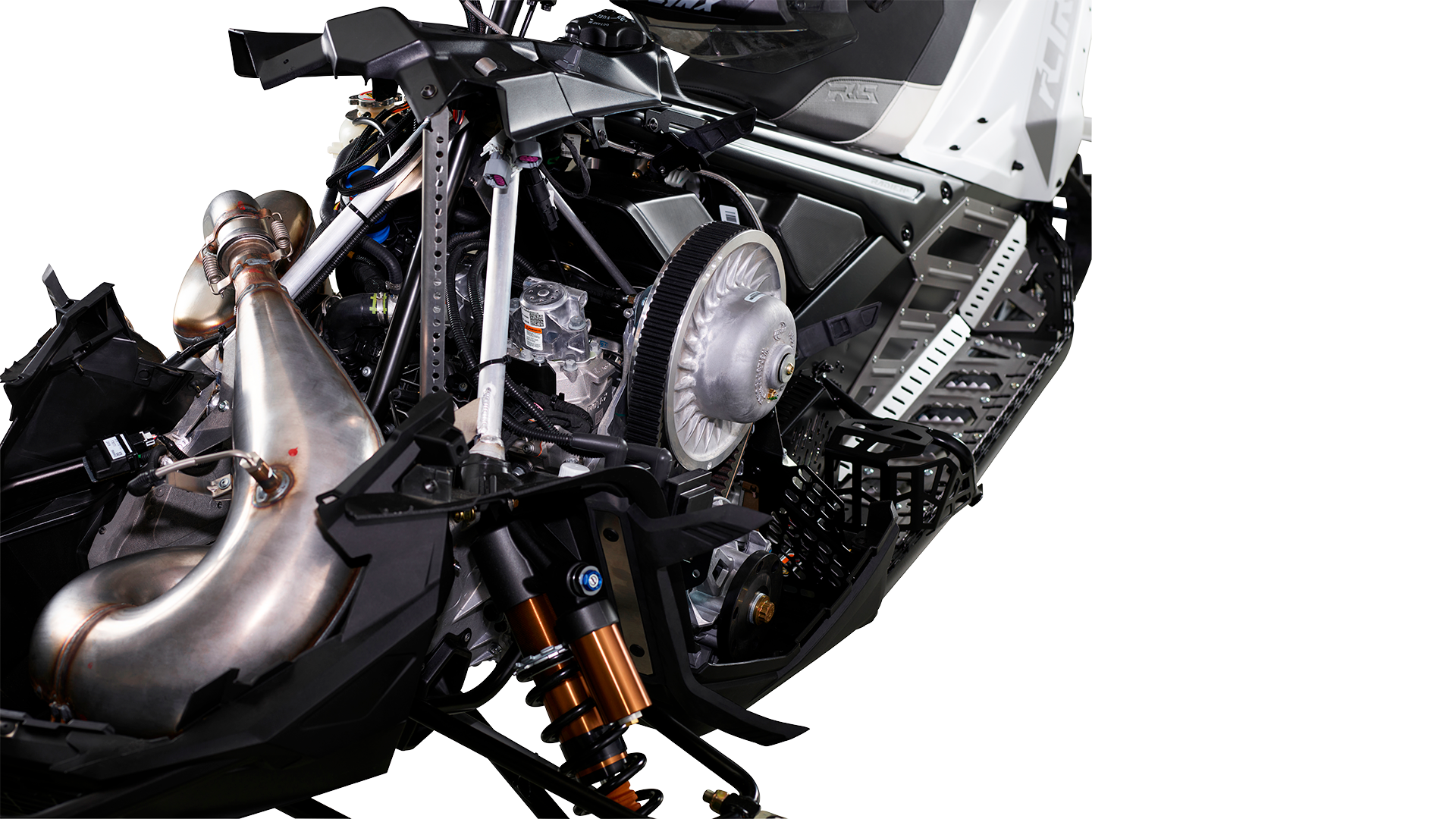 The engine compartment of the 2025 Lynx Rave RS 600RS E-TEC racing snowmobile