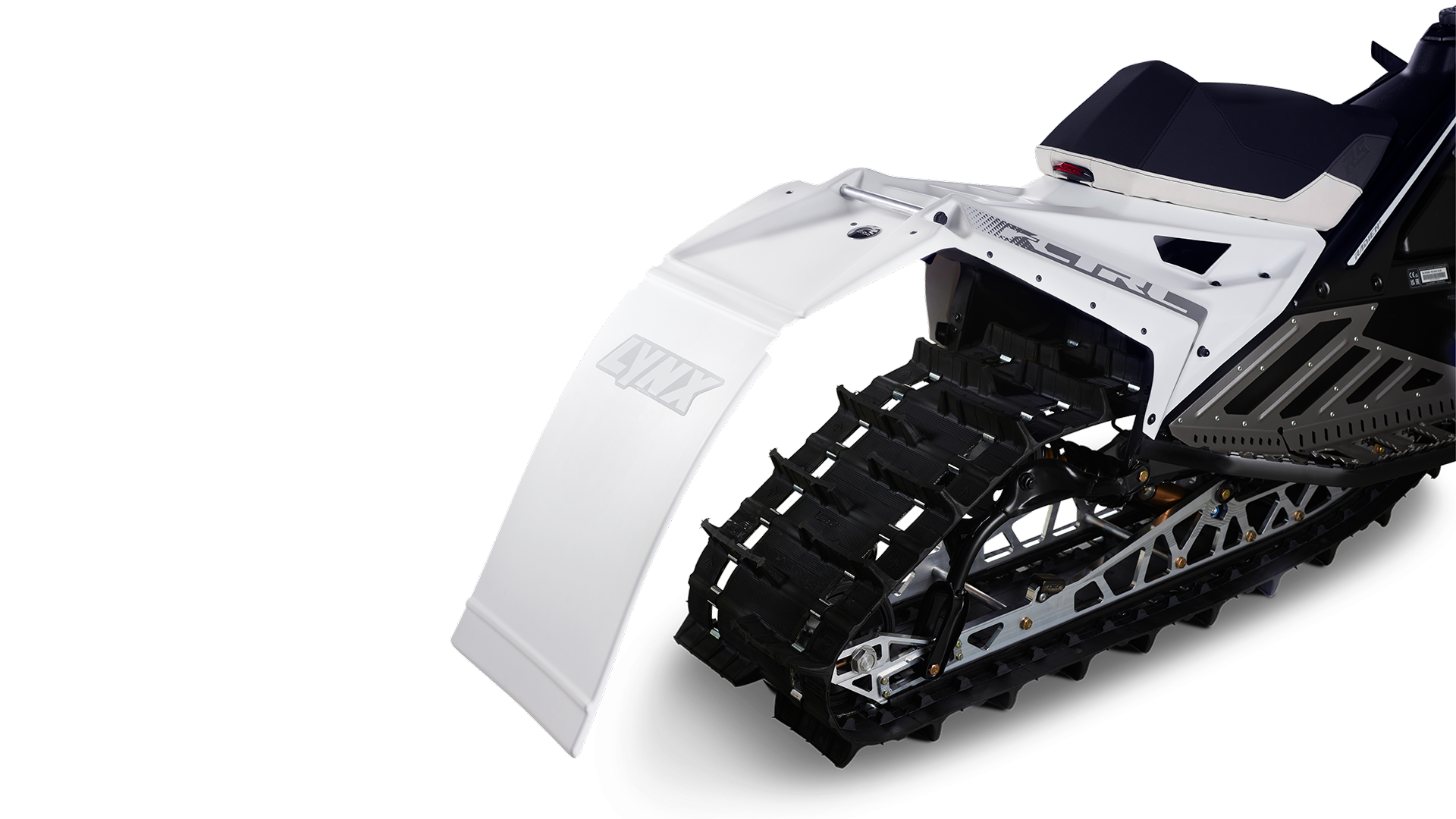 The flexible rear section of the 2025 Lynx Rave RS 600RS E-TEC racing snowmobile's chassis